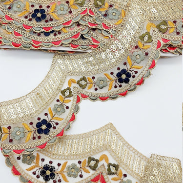 9 Yards Scallop Sequin Floral Border, Beige Shimmer Tissue Fabric Lace Trim Flowers Embroidery, Floral Sari Trimming